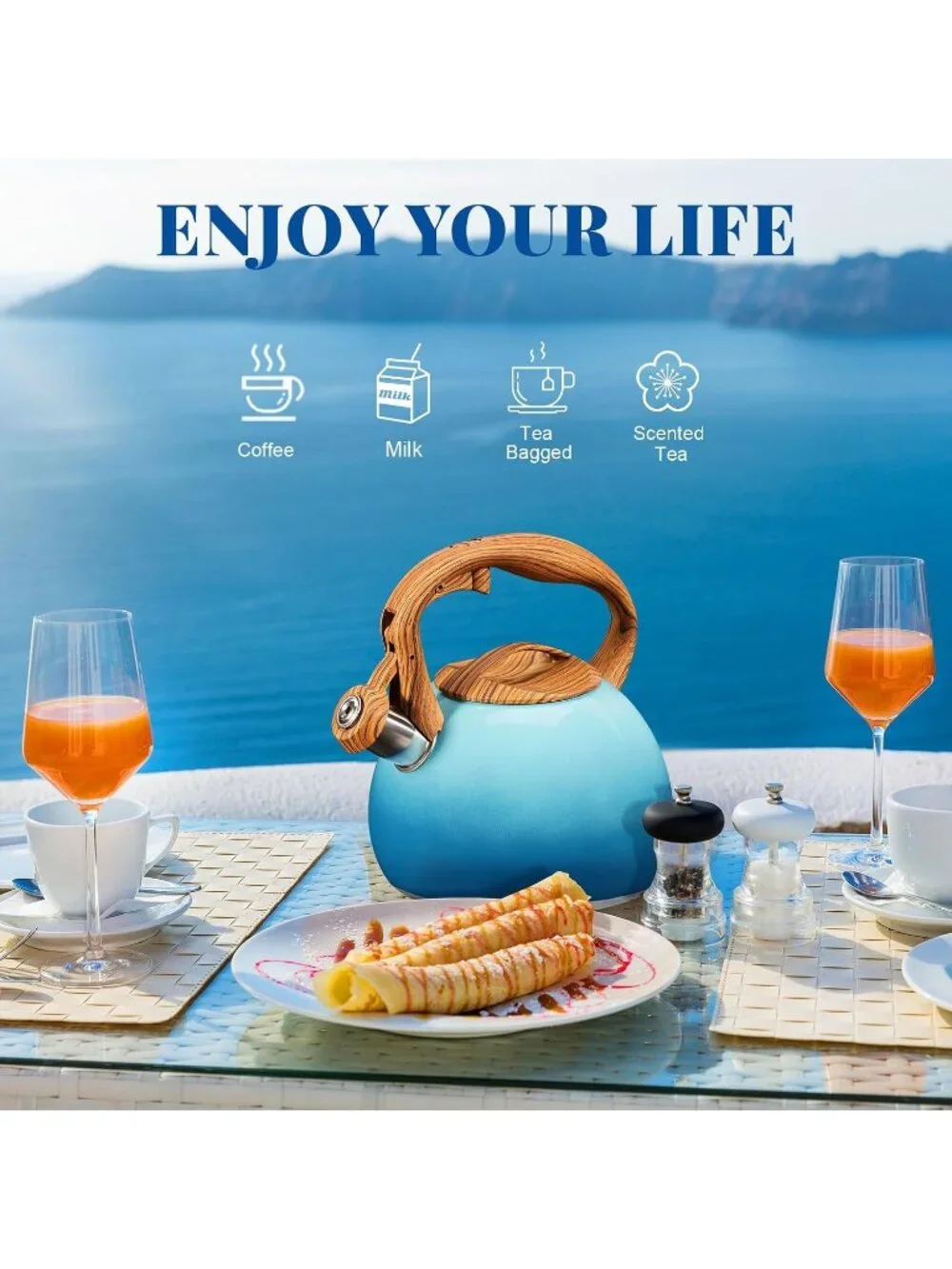 GGC 3.1QT Sky-Blue Stainless Steel Whistling Tea Kettles For Kitchen Stove Top